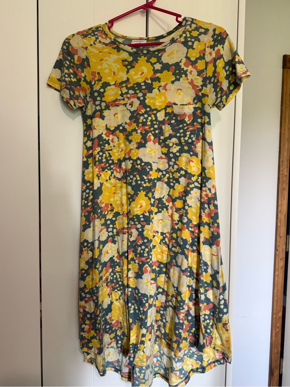 LuLaRoe Short-Sleeve Midi Dress in Yellow, Red, and Navy Floral